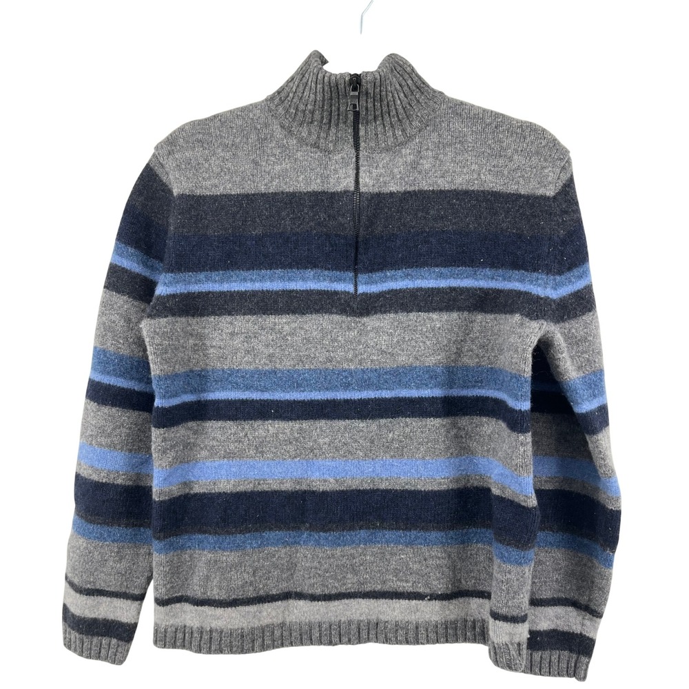 Banana Republic Mens M Lambswool Striped Quarter Zip Sweater Grey Blue Mock Neck